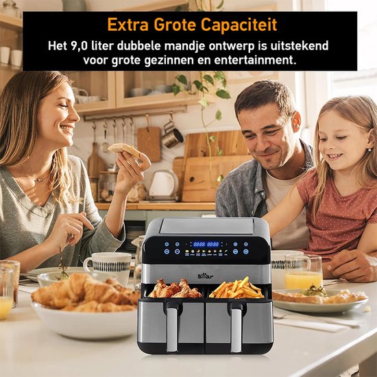 Bear Doppel-Heißluftfritteuse – 9 l Heißluftfritteuse mit 2 Körben – 2400 W – Unabhängige Temperaturregelung & 8 Programme – Digitalanzeige – QZG-F24F1