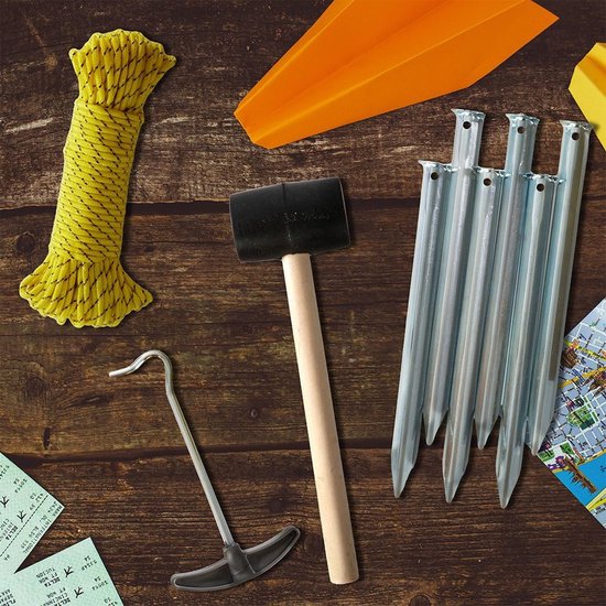 9-teiliges Camping-Set – Hammer – Heringe – Seil – Heringzieher – Camping – Campingplatz – Metall