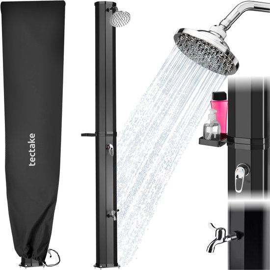 tectake® Außendusche – Solar – 35 l – Warmwasser bis 60 °C – Mit Schutzhülle und Seifenschale – Gartenschlauchanschluss – Gartendusche mit großem, verstellbarem Duschkopf und Fußhahn – Solardusche – Campingdusche mit Solarenergie – Schwarz