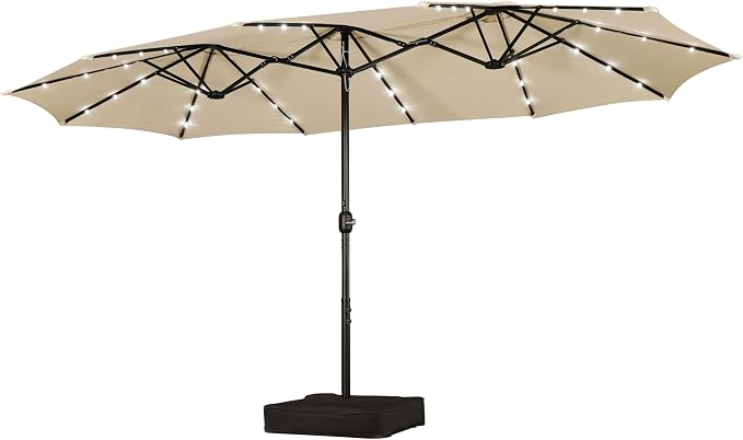 Yaheetech Doppel-Sonnenschirm 15FT mit Solar-LED-Beleuchtung und Fuß – Beige – Extra großer Gartenschirm mit Sandsäcken