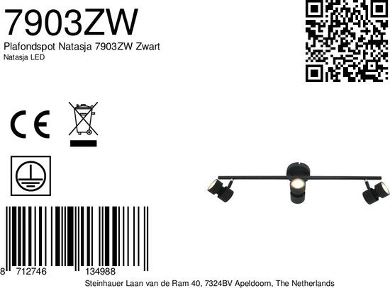 Spot Natasja 7903ZW, schwarz, 3-flammige, dimmbare GU10-Deckenleuchte mit Metall- und Kunststoffkonstruktion, modernes Design, 68 cm breit – Steinhauer