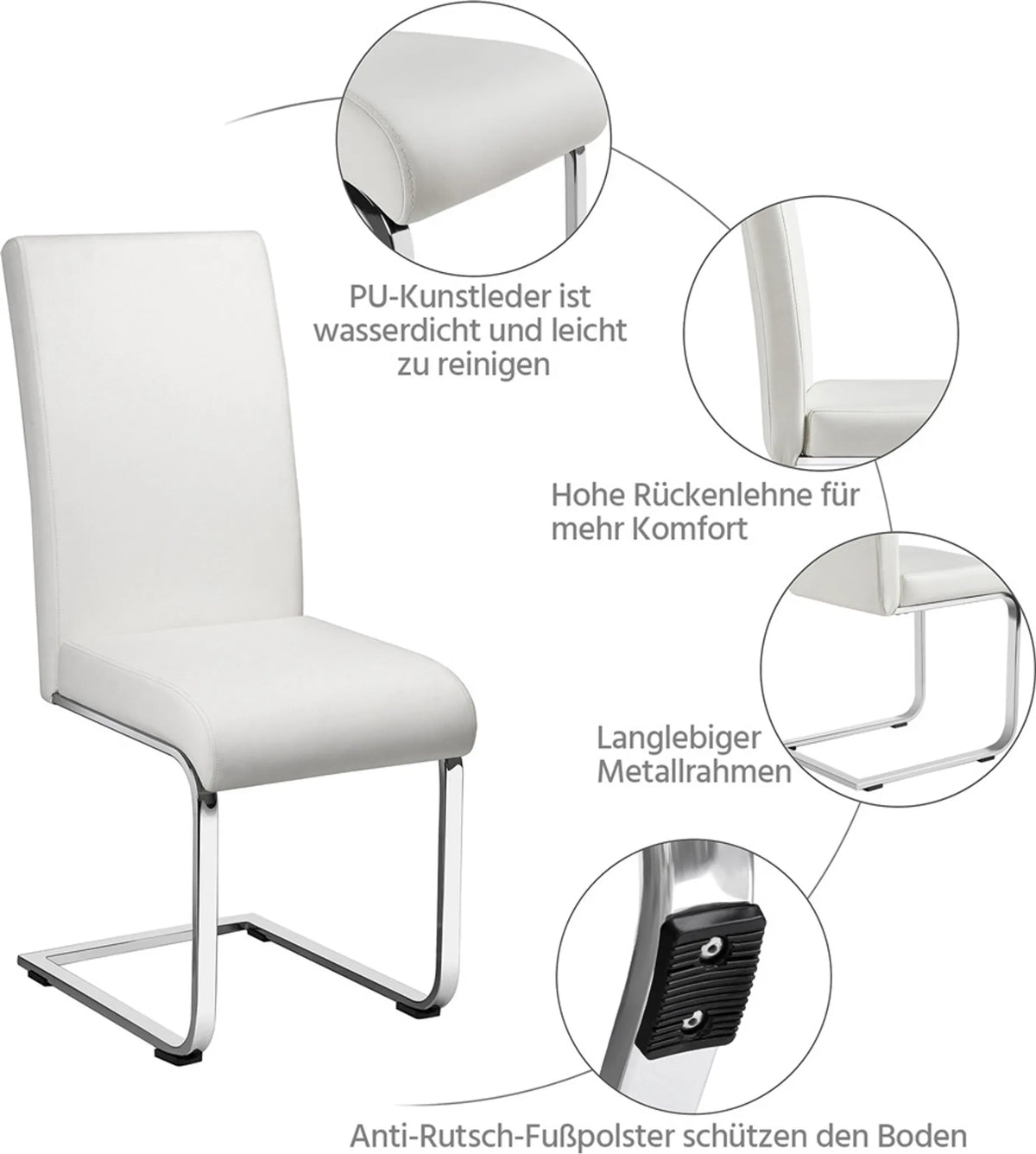 Yaheetech 2er-Set Cantilever-Esszimmerstühle – Weißes Kunstleder mit Metallgestell – 135 kg Tragkraft