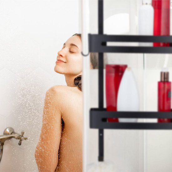 Duschablage - Teleskopisch, hängend und hängend ohne Bohren - 2 Lagen mit Haken - Schwarz - Luft