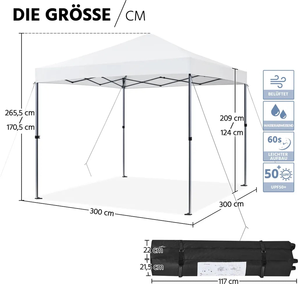 Yaheetech Faltbares Partyzelt 3 x 3 m – Weiß – Pop-up-Pavillon mit UV50+-Schutz