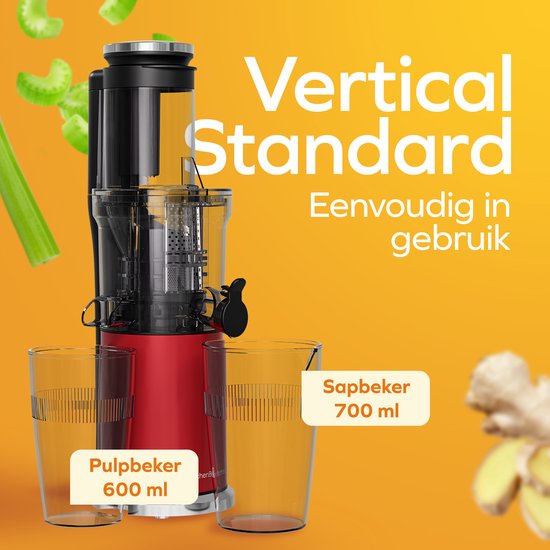 KitchenBrothers Slowjuicer - Vertikal - Entsafter - Gemüse- und Obstpresse - 80 mm - 750 ml - Rot