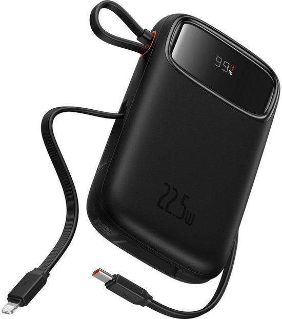 Baseus 10.000-mAh-Powerbank | Schnellladung mit 20 W über USB-C und USB-A | Reiseformat mit Display, schwarz | Universelle Powerbank, u. a. geeignet für Samsung und iPhone | Integriertes USB-C- und Lightning-Kabel