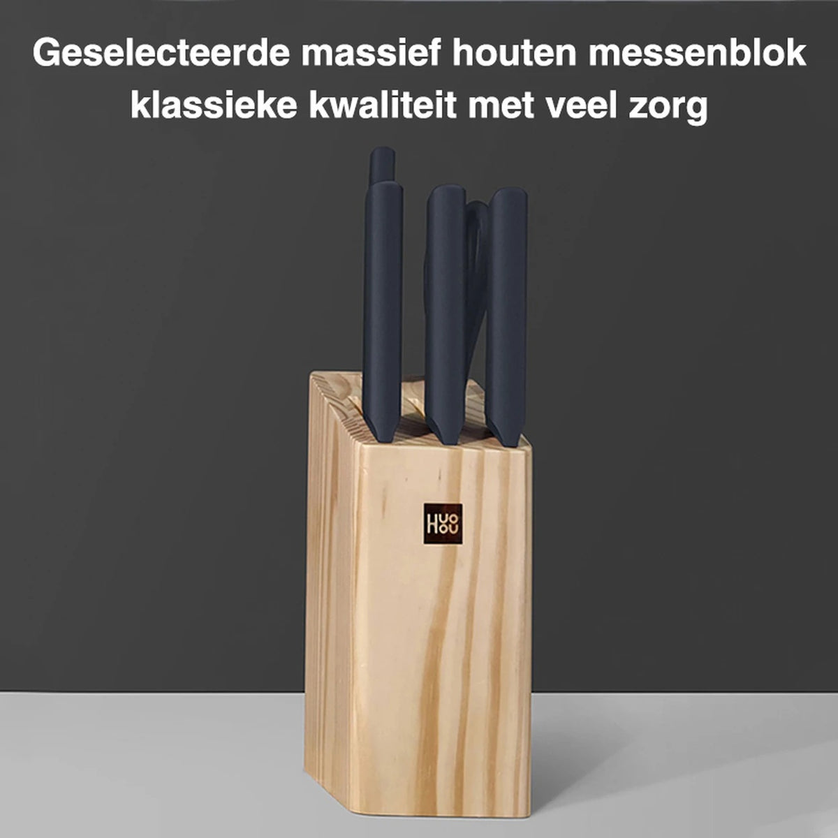 HuoHou Küchenmesserset mit Holzblock – 6-teilig – Edelstahl