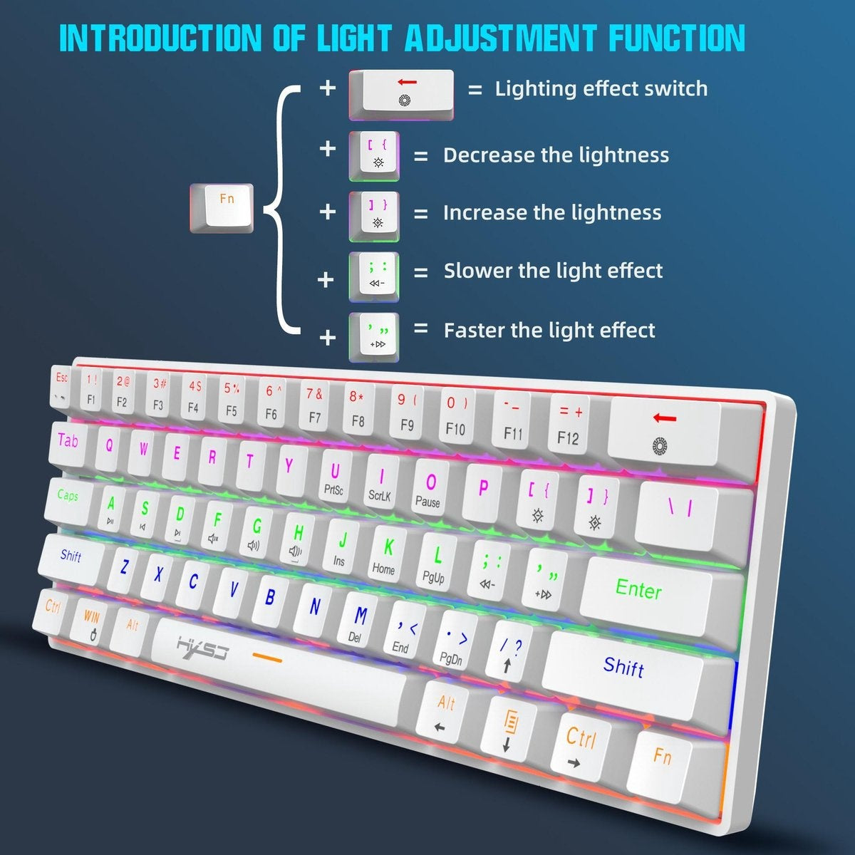 HXSJ V900 - Mechanische Gaming-Tastatur - RGB-Beleuchtung - Ergonomisch - QWERTY - 61 Tasten - blauer Schalter - Weiß