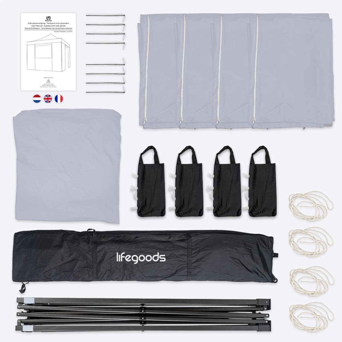 LifeGoods Partyzelt - Pavillon - 3x3 m - mit Seitenwänden - leicht aufbaubar - faltbar - wasserdicht - Tragetasche mit Rädern - dunkelgrau