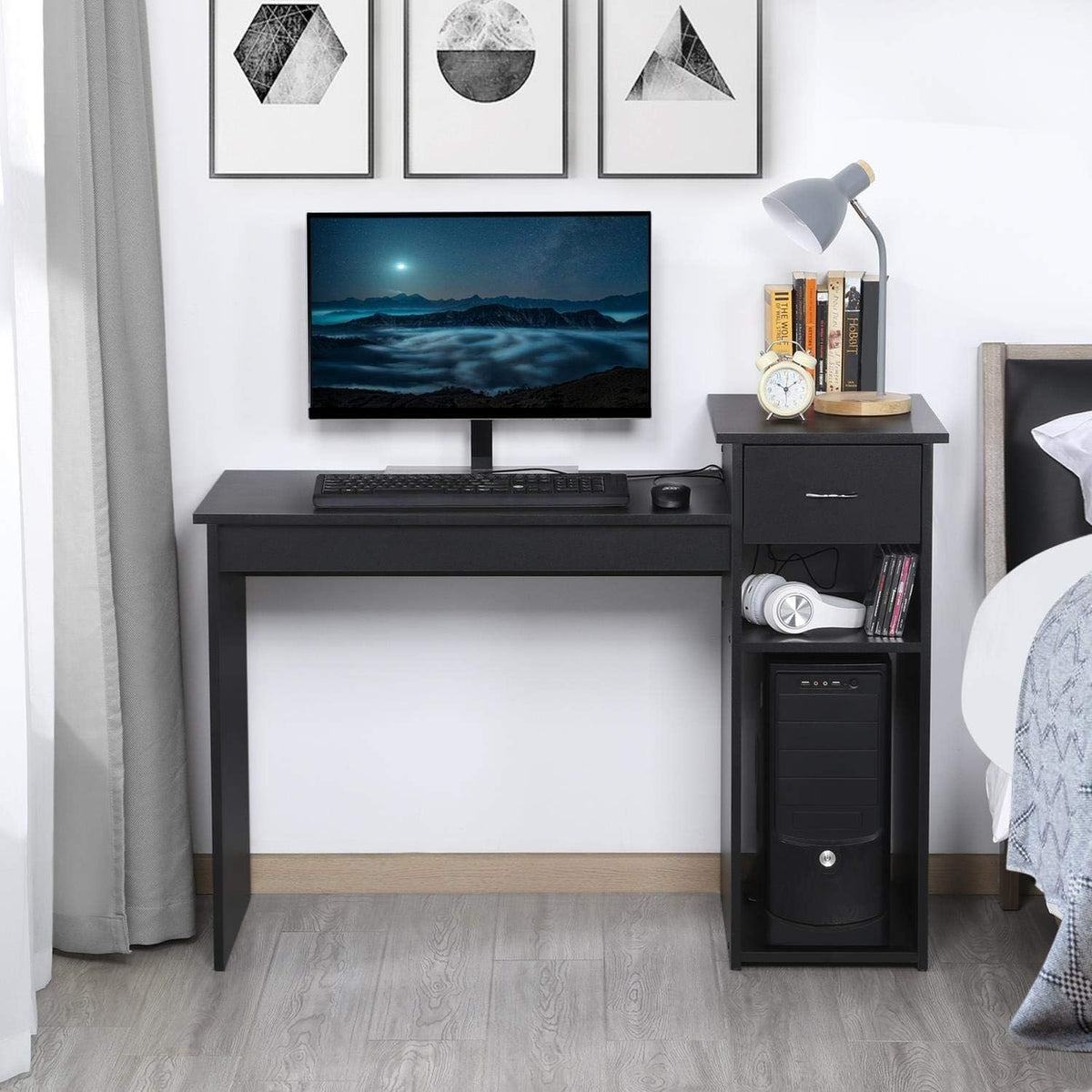 Yaheetech Computertisch – mit Schublade und 2 Ablageböden – 112 x 50 x 82 cm – Schwarz