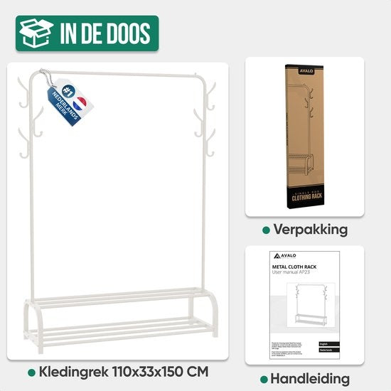 Avalo Industrial Clothes Rack - Metall - 110x33x150 CM - Weiß - Lagerung für Schuhe - Garderobe Rack mit Haken