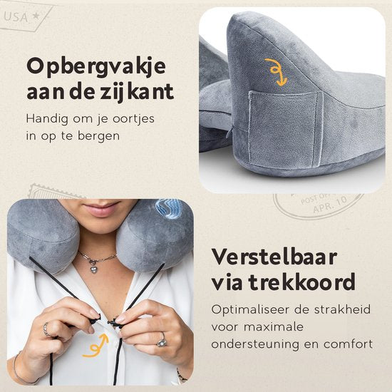TRAVARA Aufblasbares Nackenkissen – The Airsnoozer – Reisekissen – Für Flugzeug und Auto – Mit Ohrstöpseln – Nackenkissen – Grau
