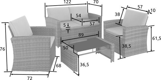 tectake - Geflecht-Sitzgruppe Garten-Set Lounge-Set Lucca - Sofa/2 Stühle/Tisch mit Glasplatte - naturfarben - 404916 - Poly-Rattan