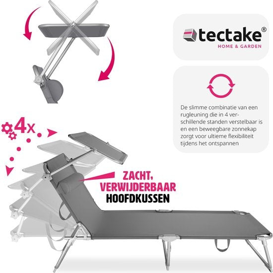tectakeÂ® - Liege, robust, verstellbar, Stahlgestell mit Sonnenschirm, 4-fach verstellbare Rückenlehne inklusive Kissen, Strandkorb Ideal für Garten, Pool, Camping - grau