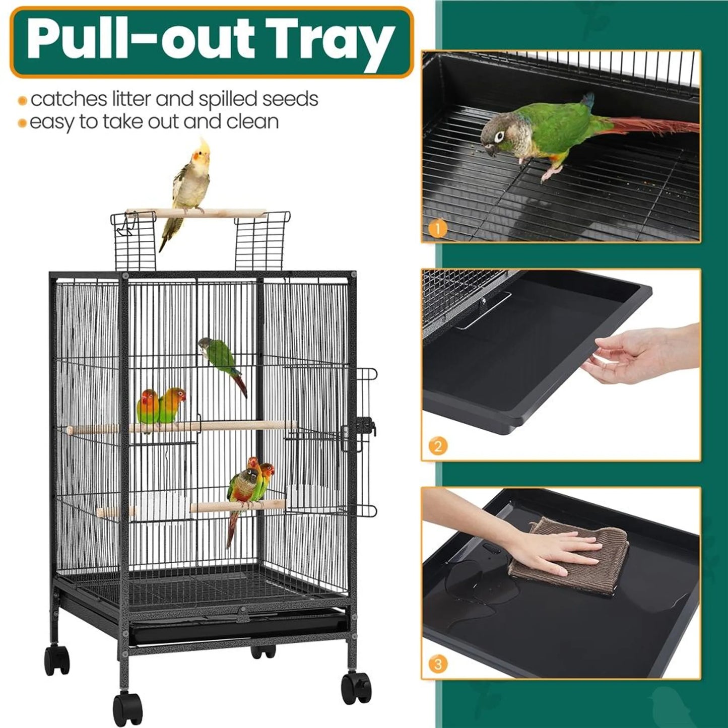 Yaheetech Vogelkäfig mit offenem Dach - 45,5 x 45,5 x 79 cm - Mit abnehmbaren Rädern und ausziehbarer unterer Schublade und gehämmerter Pulverbeschichtung - Für Wellensittiche und Kanarienvögel - Schwarzes Metall und Holz