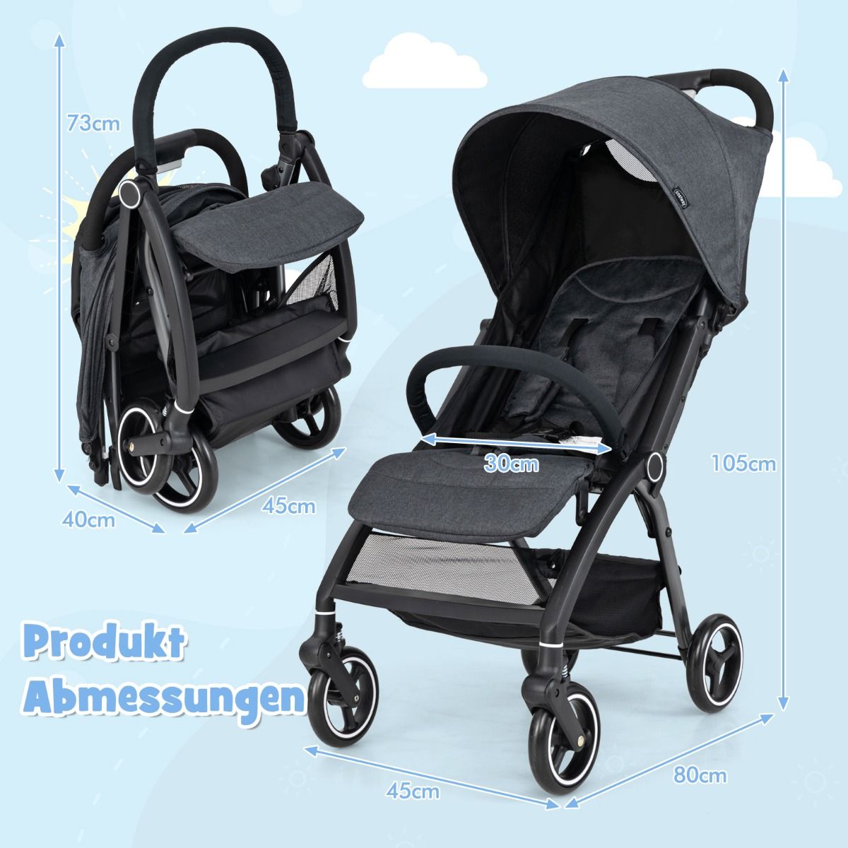 Coast Kinderwagen – leicht und zusammenklappbar – verstellbare Rückenlehne und Sonnendach – grau
