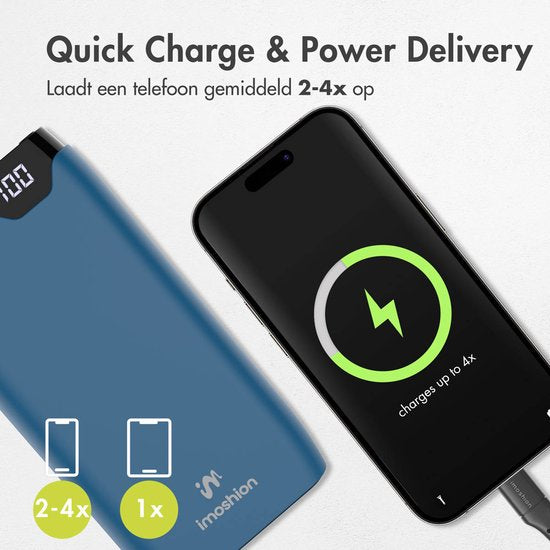 imoshion Powerbank 20000 mAh - Schnellladegerät 22,5W - LED-Anzeige - USB C & USB A - Geeignet u.a. für iPhone und Samsung - Universal - Dunkelblau