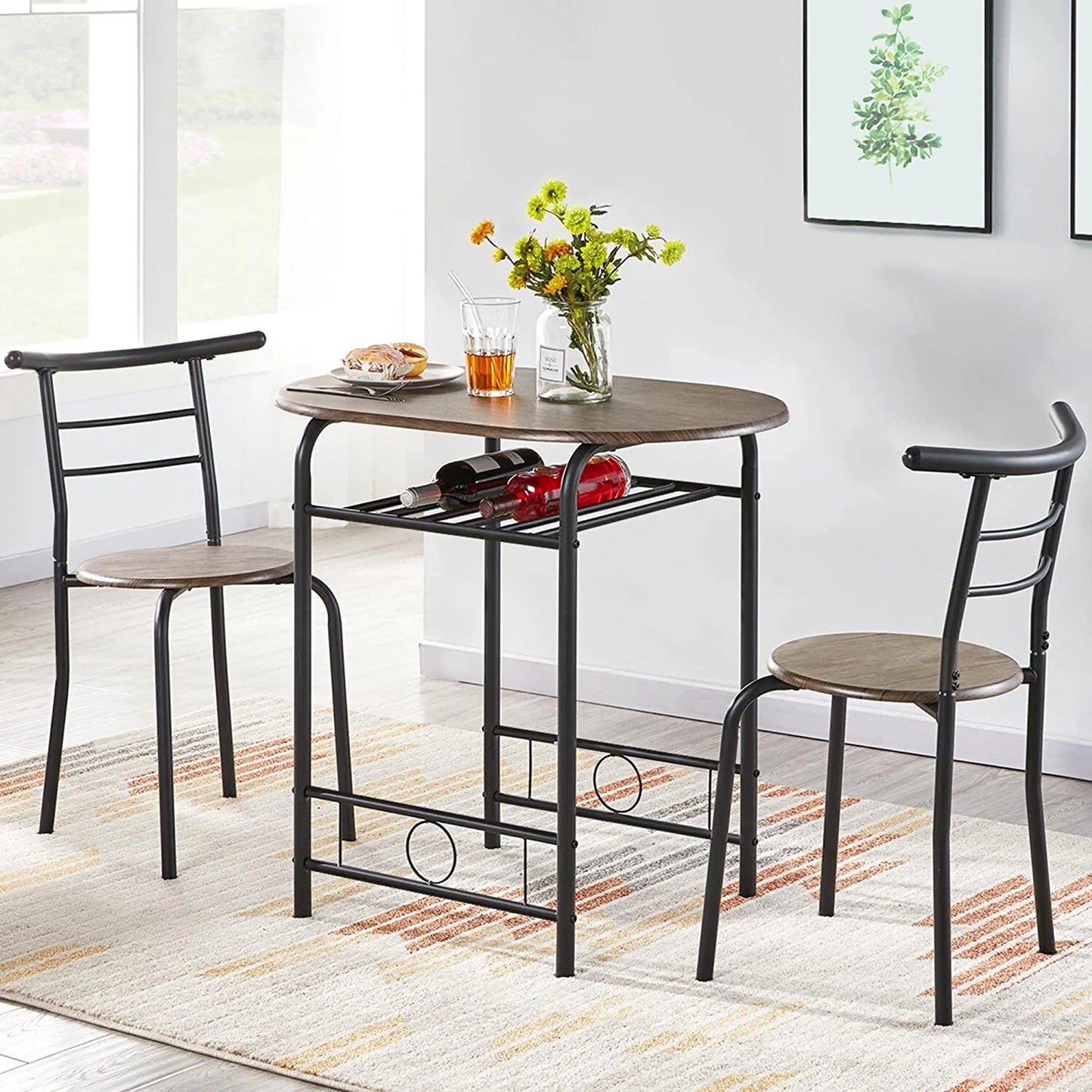 Yaheetech Dining Set von 3 - Features Tisch mit 2 Stühlen und verstellbare Lagerung Regal und wasserabweisende Beschichtung - für Küche und Esszimmer - Driftwood Brown Metall und MDF - 80 x 53 x 73,5 cm