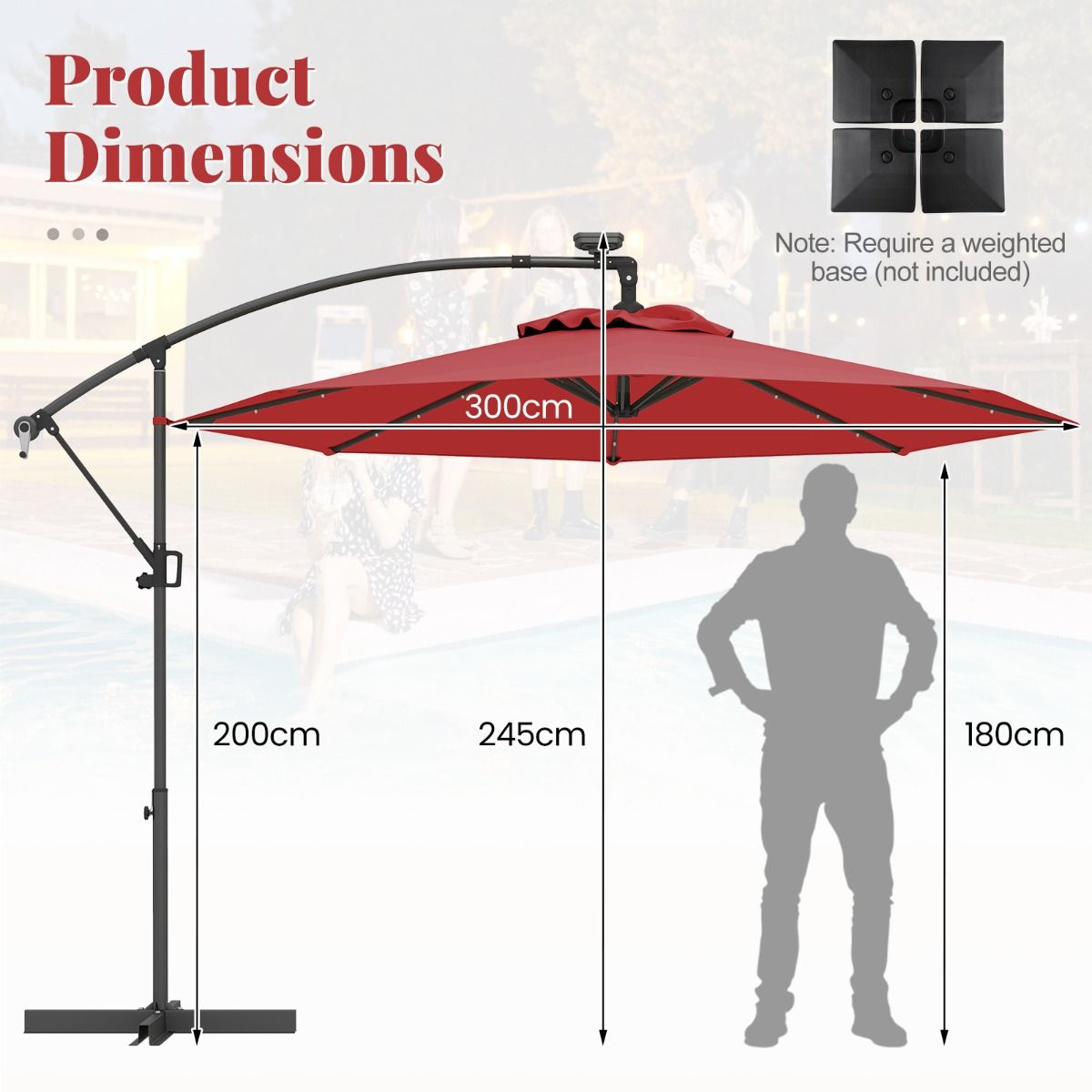 Coast freistehender Sonnenschirm – 32 LED-Lämpchen – dreh- und neigbar – rot – 300 cm