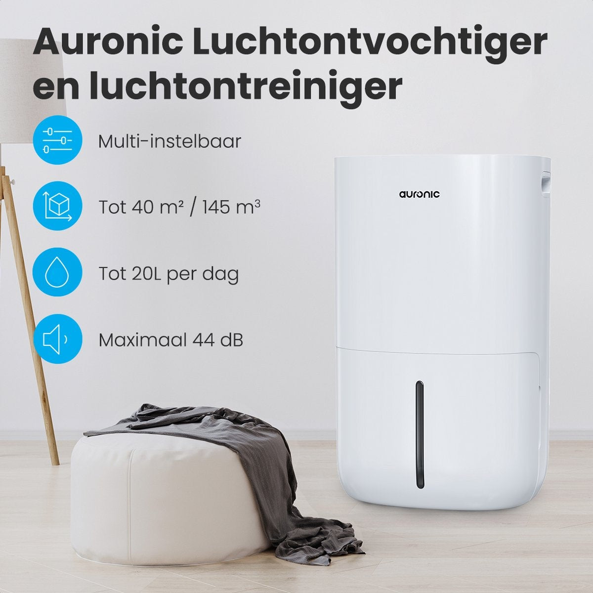 Auronic - Luftentfeuchter und Luftreiniger - Entfeuchtet 20 l pro Tag - Wash-Dry-Funktion - Weiß