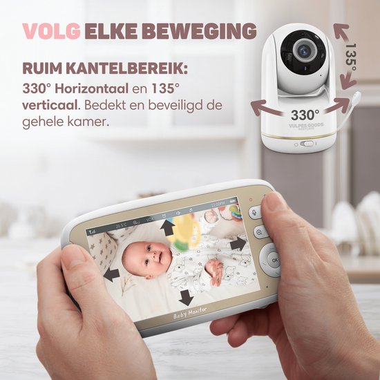 Vulpes Goods® Babycare Babyphone mit Kamera - Mit VOX - 5-Zoll- FULL HD Bildschirm - Fernbedienbar - Nachtsicht - PRO Version - Weiß