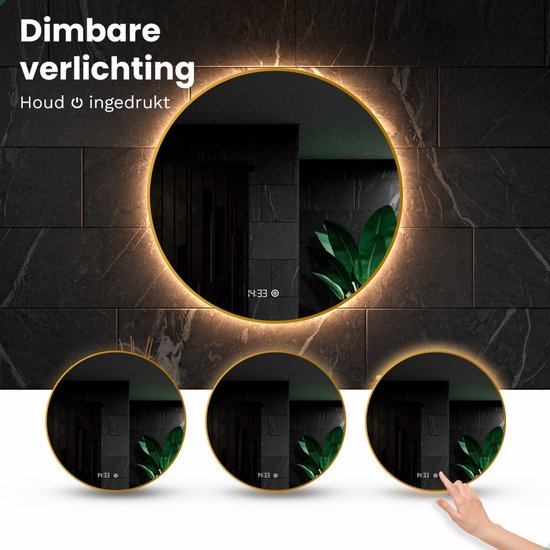 Mirlux Badezimmerspiegel mit LED-Beleuchtung & Heizung - Wandspiegel rund - Anti-Kondensations-Duschspiegel - Goldrahmen - 80CM