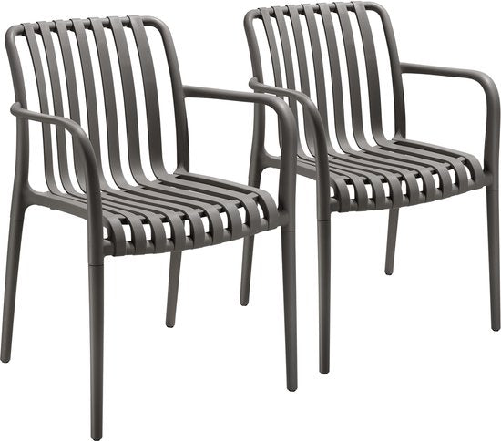 tectake® 2er Set Gartenstühle Alcudia - Anthrazit - Kunststoffstühle mit Armlehne - Gartenset für rund um den Gartentisch oder beim Camping Stapelbar - Stühle für Garten, Terrasse oder Balkon - Wetterfest und UV-beständig - Belastbarkeit 120kg pro Gartens