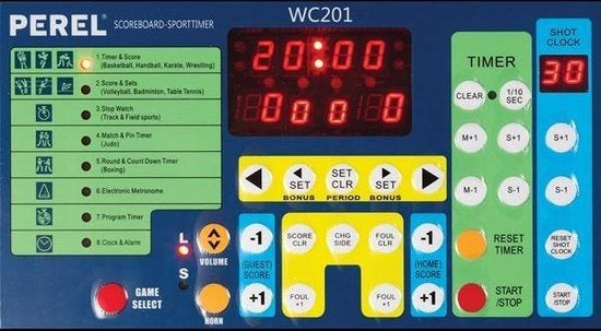 Perel Digitale Anzeigetafel, Multisport, mit multifunktionaler Sportuhr, für den Innen- und Außenbereich, Tischmodell, freistehend oder auf Halterung, 40,5 x 62 cm