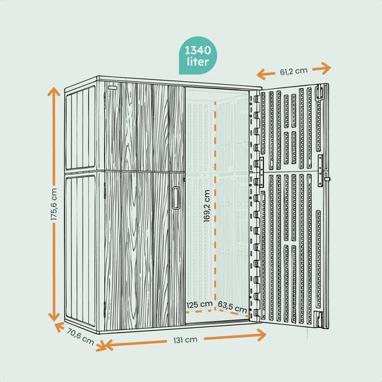 LifeGoods Gartenschrank Vertikal - 1340L - Aufbewahrungsschrank - Wasserdicht & UV-beständig - Gartenbox - Taupe