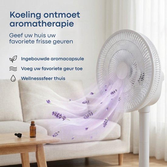 Aironex Ventilator – Leiser Standventilator mit 26 Geschwindigkeitsstufen – Steuerung per App – Geringer Stromverbrauch – Weiß – Mit Aromafunktion und WLAN – Timer und Nachtmodus – Höhenverstellbar – Horizontale + vertikale Schwenkfunktion