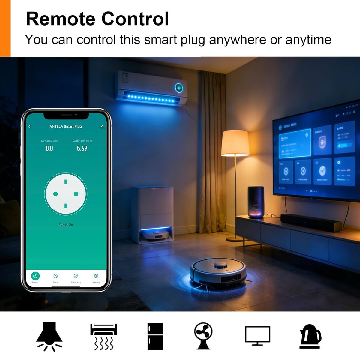 Antela Smart-Steckdose mit Energieverbrauchsanzeige, 2er-Set – WLAN und Sprachsteuerung – Weiß – Feuerfestes ABS