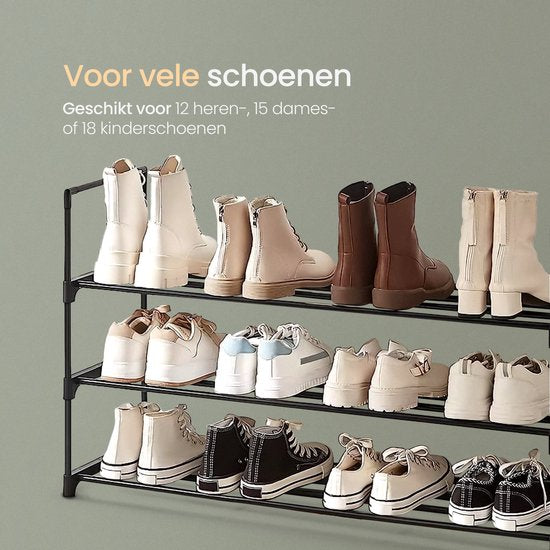 O'DADDY® Schuhregal 3 Lagen - Schuhregal - Schuhaufbewahrungssystem - Schuhschrank - Schuhregal - Schuhschrank - Aufbewahrungsregal für 12 bis 15 Paar Schuhe - Schwarzes Metall