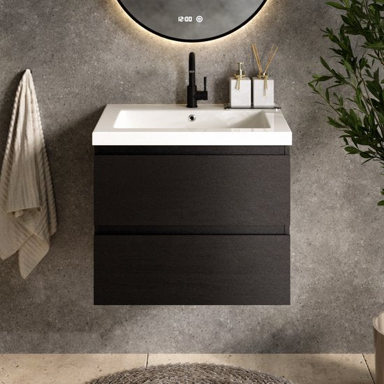 Mirlux Badezimmermöbel Schwarzeiche 60 cm – Waschbecken Weiß – Badezimmermöbel-Set – Waschtischunterschrank Schwarzeiche