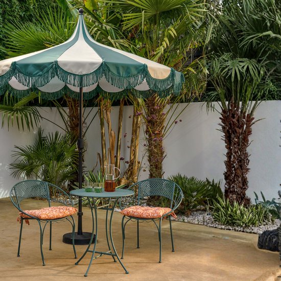 Mica Decorations Kim – Gestreifter Sonnenschirm mit Tragetasche – Stangensonnenschirm 238 x Ø 235 cm – Garten- oder Balkonsonnenschirm – Polyester, Stahl – Dunkelgrün