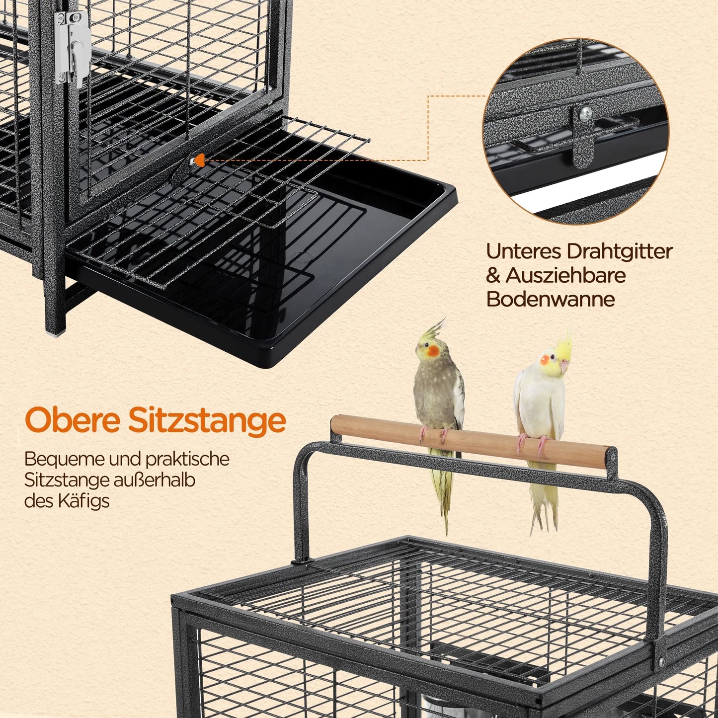 Yaheetech Vogelkäfig mit Griff - mit hölzernen Sitzstangen und wasserabweisende Beschichtung und abschließbare Tür - für Kanarienvögel und Wellensittiche - schwarz Metall Kunststoff und Holz - 48,5 x 39 x 65 cm