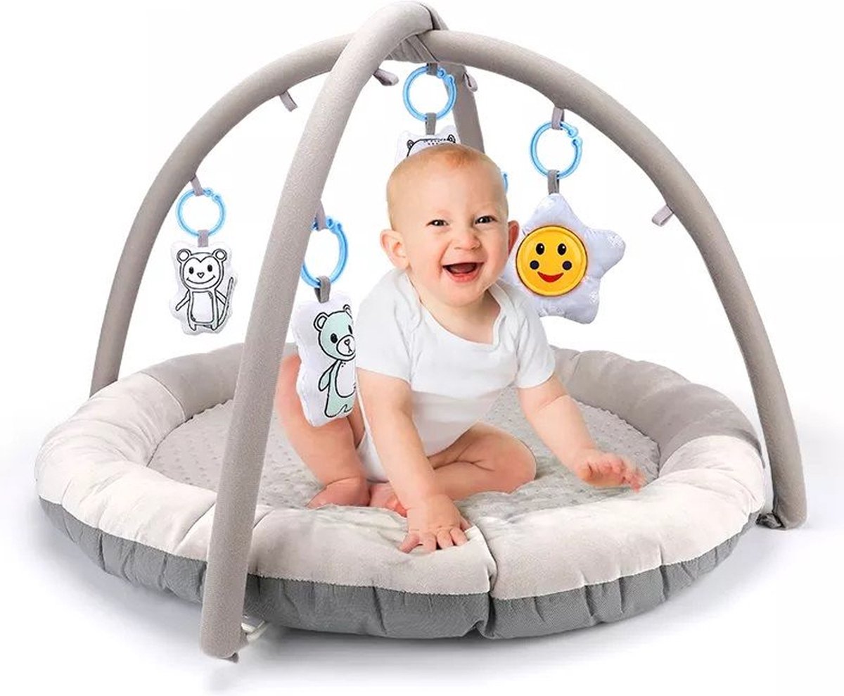 Fuegobird Babygym - 4-in-1 Spielmatte mit Sound & weichen Materialien - 85 x 85 x 55 cm - Grau