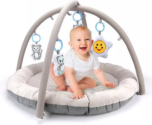 Fuegobird Babygym - 4-in-1 Spielmatte mit Sound & weichen Materialien - 85 x 85 x 55 cm - Grau