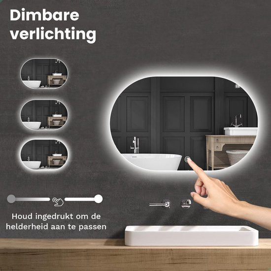 Mirlux Badezimmerspiegel mit LED-Beleuchtung & Heizung - Wandspiegel Oval - Anti-Kondensations-Duschspiegel - 90x60CM