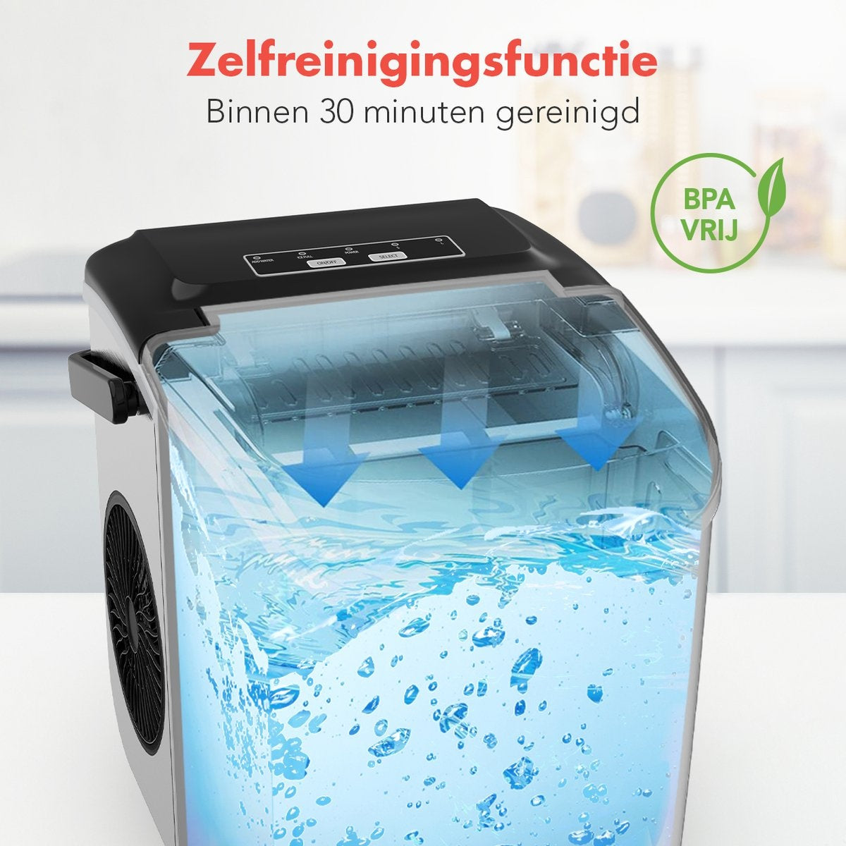 KitchenBrothers Eiswürfelbereiter - 1.2L - 7-10 min. - 12kg/24h - Tragbar mit Handgriff - Eiswürfelbereiter mit Eisportionierer - Edelstahl