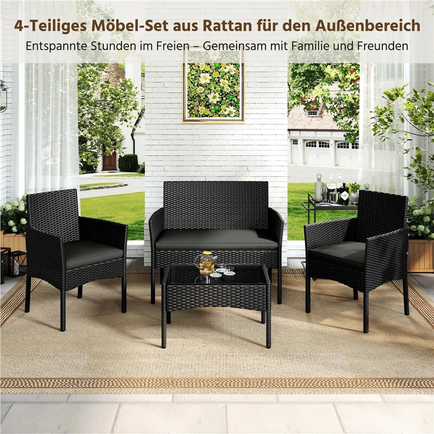 Yaheetech Garten-Set Lounge-Set 4-teilig - 100 x 59,5 x 83,5 cm - Ausgestattet mit handgeflochtenem PE-Rattan und Glastischplatte und waschbaren Kissen - Für Garten und Balkon - Schwarzes Polyethylen und Metall