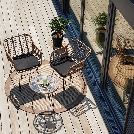 tectake - Outdoor-Geflechtsitzgruppe, Möbel für 2 Personen, 3-teilig. Bistro-Set, Balkonmöbel, Gartenmöbel-Set mit 2x Stühlen + Tisch, kleine Lounge wetterfest für Garten, Balkon oder Terrasse - naturfarben - Poly-Rattan