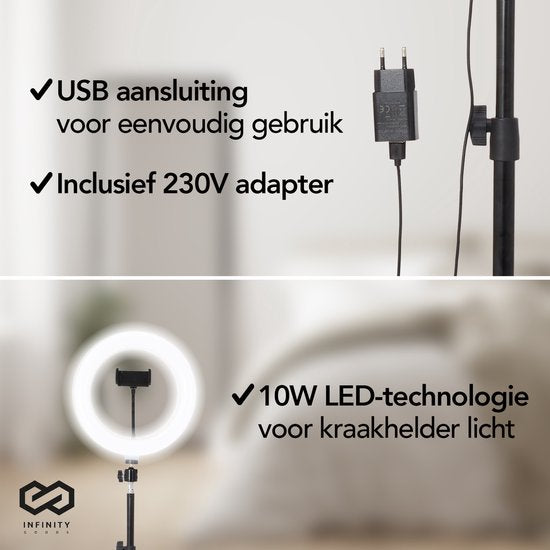 Infinity Goods Ringlicht mit Stativ - LED - 3 Farben - Verstellbares Stativ bis zu 186m - Inklusive Stecker - Selfie Ringlicht für Tiktok / Instagram / Youtube / Streaming / Arbeiten zu Hause - Schwarz