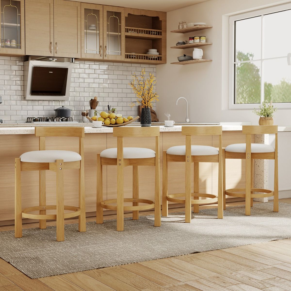 Coast Barhocker, 2er-Set – mit Rückenlehne und Fußstütze – Sitzfläche aus Teddy-Velours – Sitzhöhe 62 cm – Natur und Beige