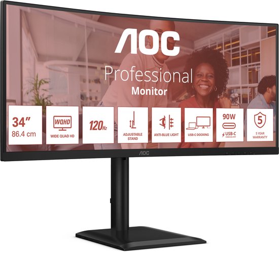AOC CU34E4C – Gebogener, ultrabreiter Business-Monitor – USB-C 90 W – 5 Jahre Garantie – 34 Zoll
