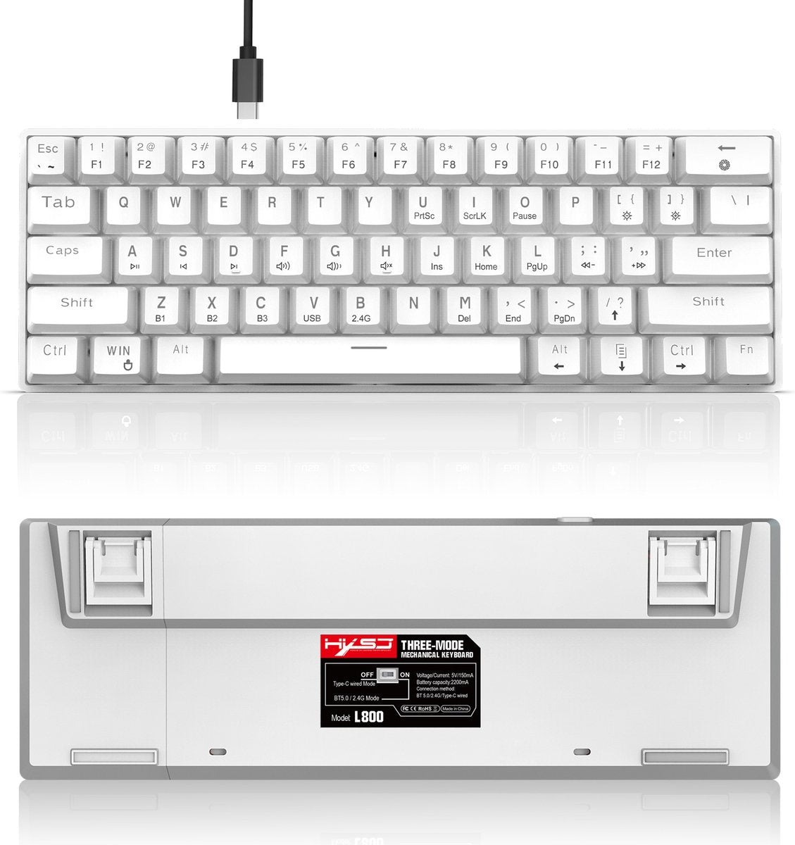 HXSJ L800 Wireless Mechanical TKL Gaming Keyboard - RGB - Wired / 2.4GHz RF / Bluetooth - QWERTY - 61 Tasten - Blauer Schalter - Weiß
