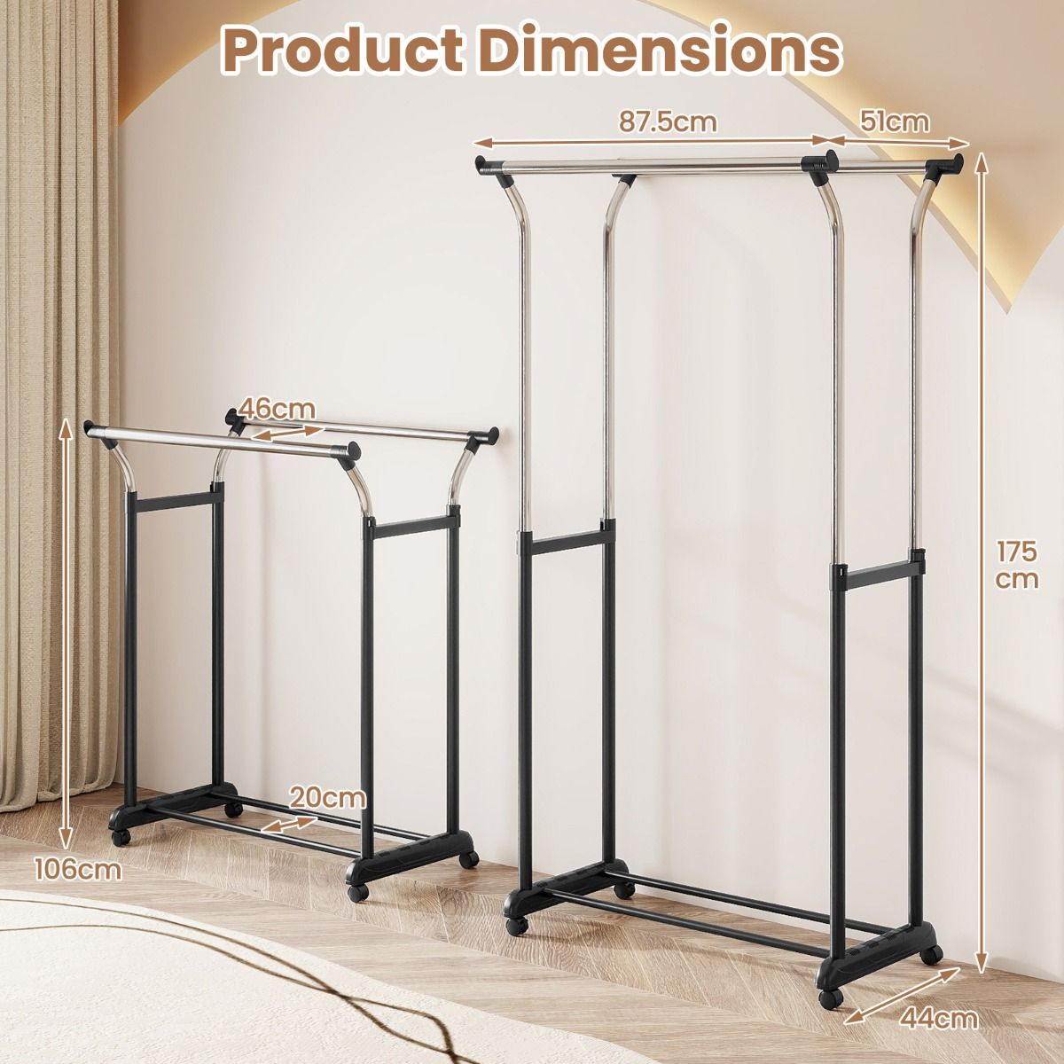 Coast Rollbarer Kleiderständer mit doppelter Stange – verstellbar von 106 bis 175 cm – Schwarz-Silber