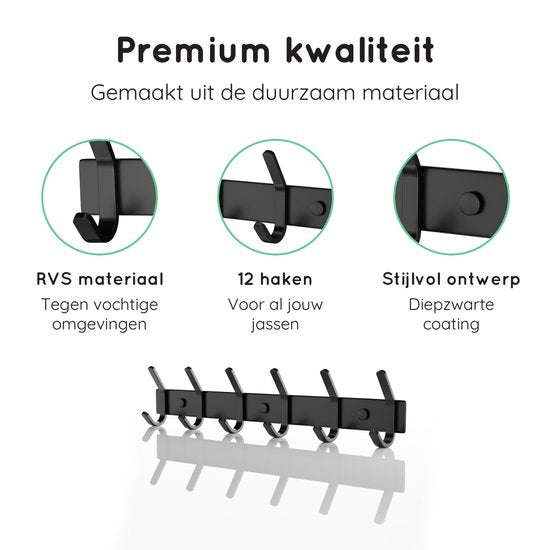 Volcan Wandgarderobe - 12 Haken - Edelstahl - Wandgarderobe zum Aufhängen - Industriell - 3M-Band - Schwarz
