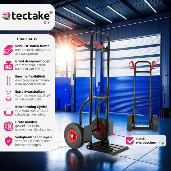 tectake - Trolley bis 100kg - Transportwagen - robust mit ausziehbarem Rahmen.