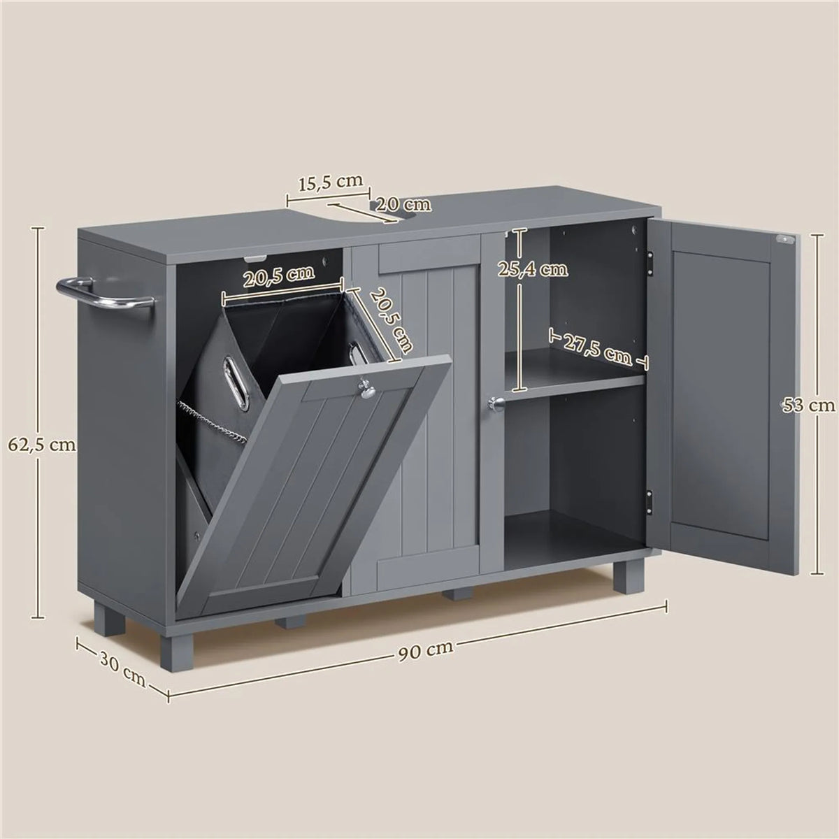 Yaheetech Waschbeckenunterschrank mit U-förmiger Aussparung und Wäschekorb 90 x 30 x 62,5 cm – Dunkelgrau – MDF und Metall