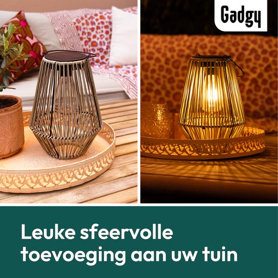 Gadgy Solar-Gartenleuchte Rattan Beige - Solar-Gartenleuchte - Solar-Tischleuchte mit USB-Anschluss - Außenleuchte Gartenstatue - Gartenlaterne mit Tag/Nacht-Sensor - Beleuchtung für draußen - Laterne Garten